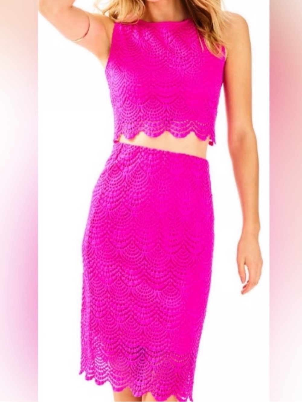 Lilly Pulitzer Hot Pink Scalloped Lace Pencil Skirt with matching crop top